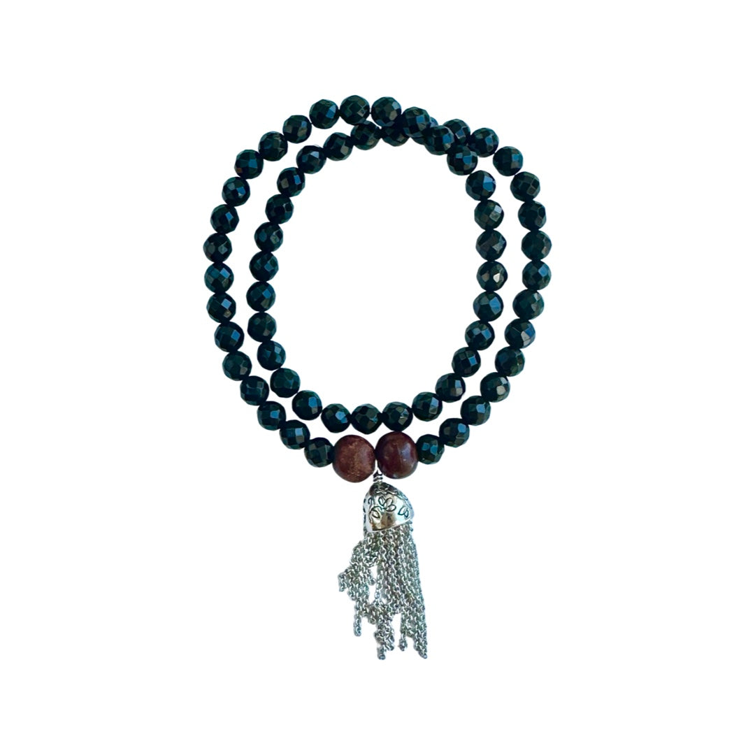 BB9 Double Wrap Strand Facet Black Onyx Bracelet with tassel