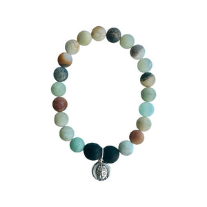 BB12 Blue Agate and Rose Petal Beads Bracelet with tiny Buddha