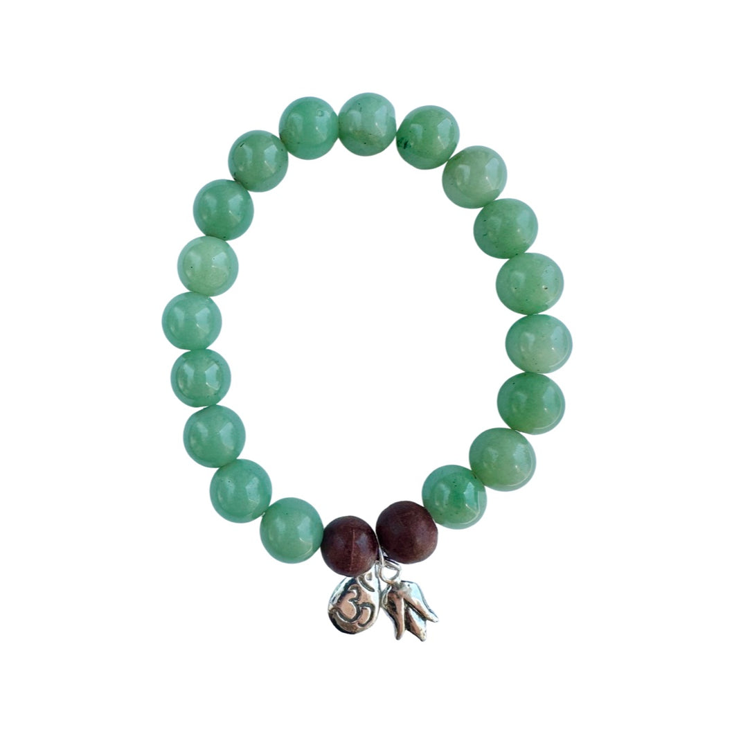 BB7 Green Jade with Sandalwood Bracelet with tiny bud and om drop