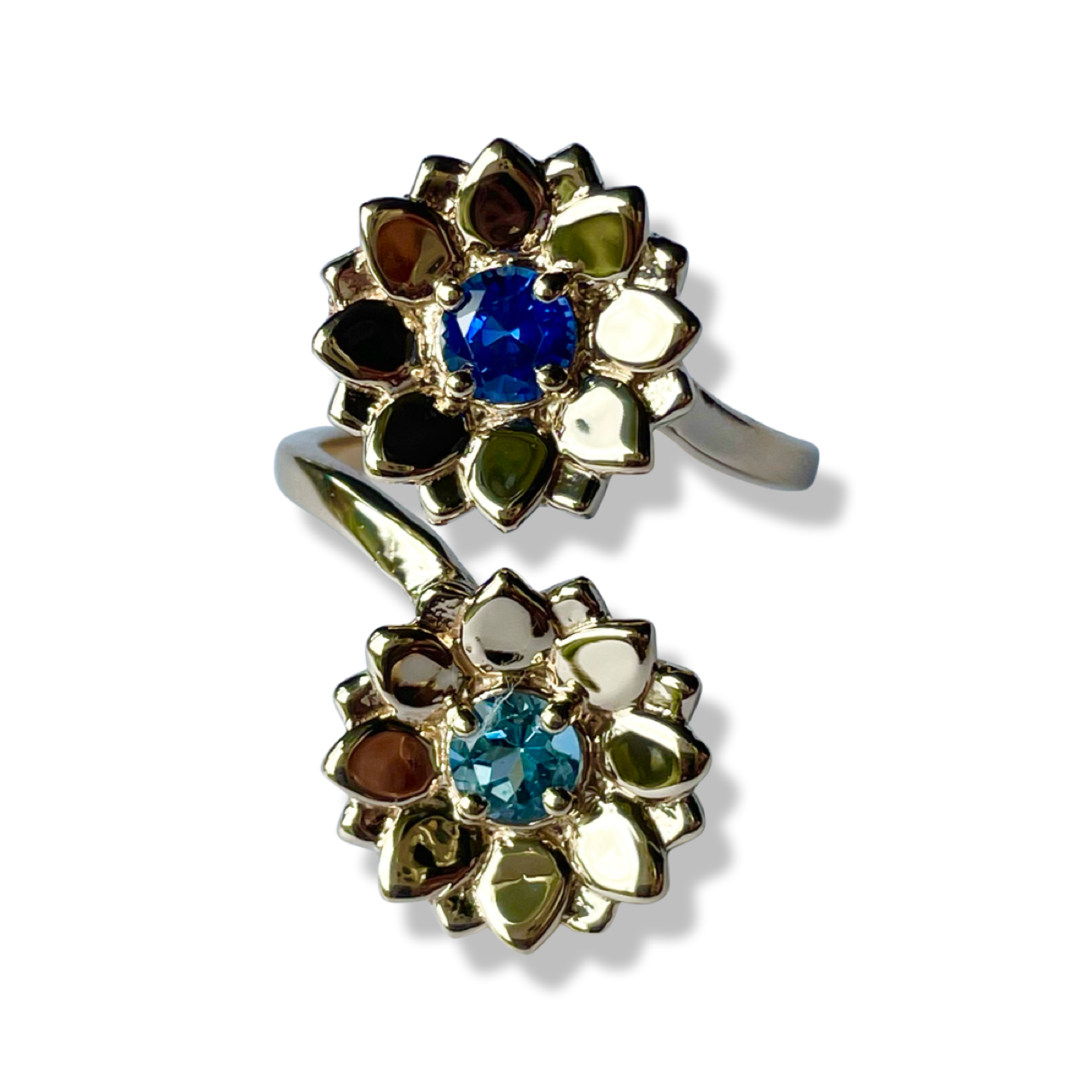 Blue Sapphire and Aquamarine Double Manifest Lotus Ring