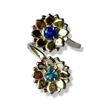 Load image into Gallery viewer, Blue Sapphire and Aquamarine Double Manifest Lotus Ring

