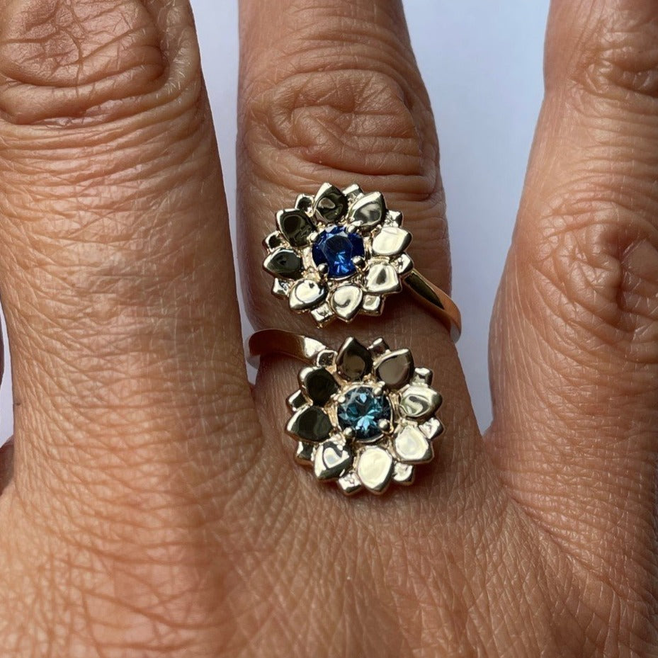 Blue Sapphire and Aquamarine Double Manifest Lotus Ring