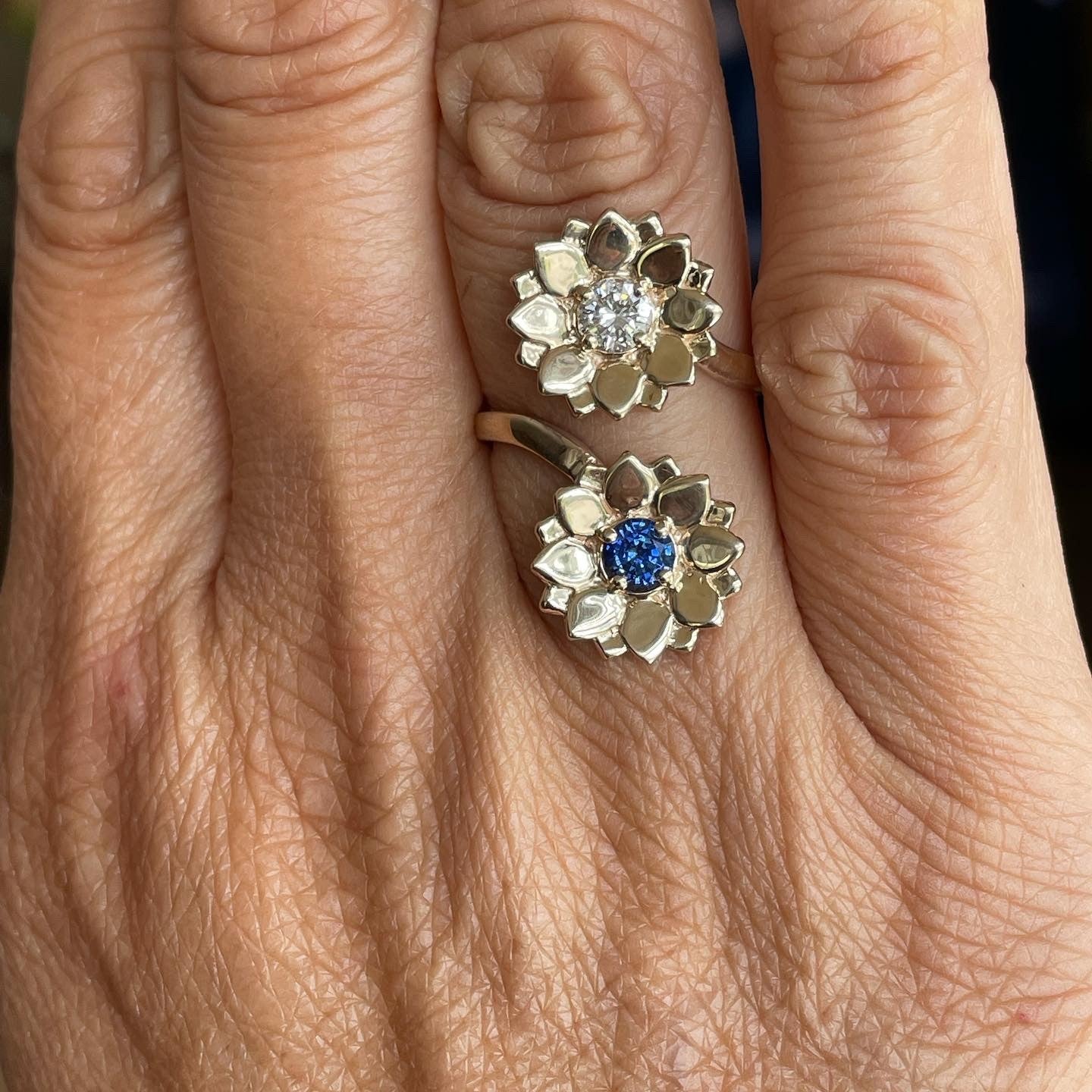 Diamond and Sapphire Double Manifest Lotus Ring