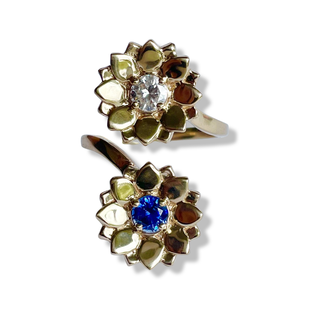 Diamond and Sapphire Double Manifest Lotus Ring